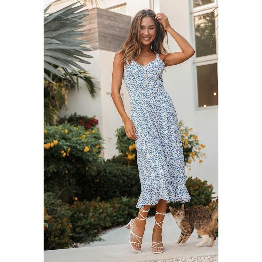 Lulus Darling Daisies Blue Floral Print Midi Dress - Size L